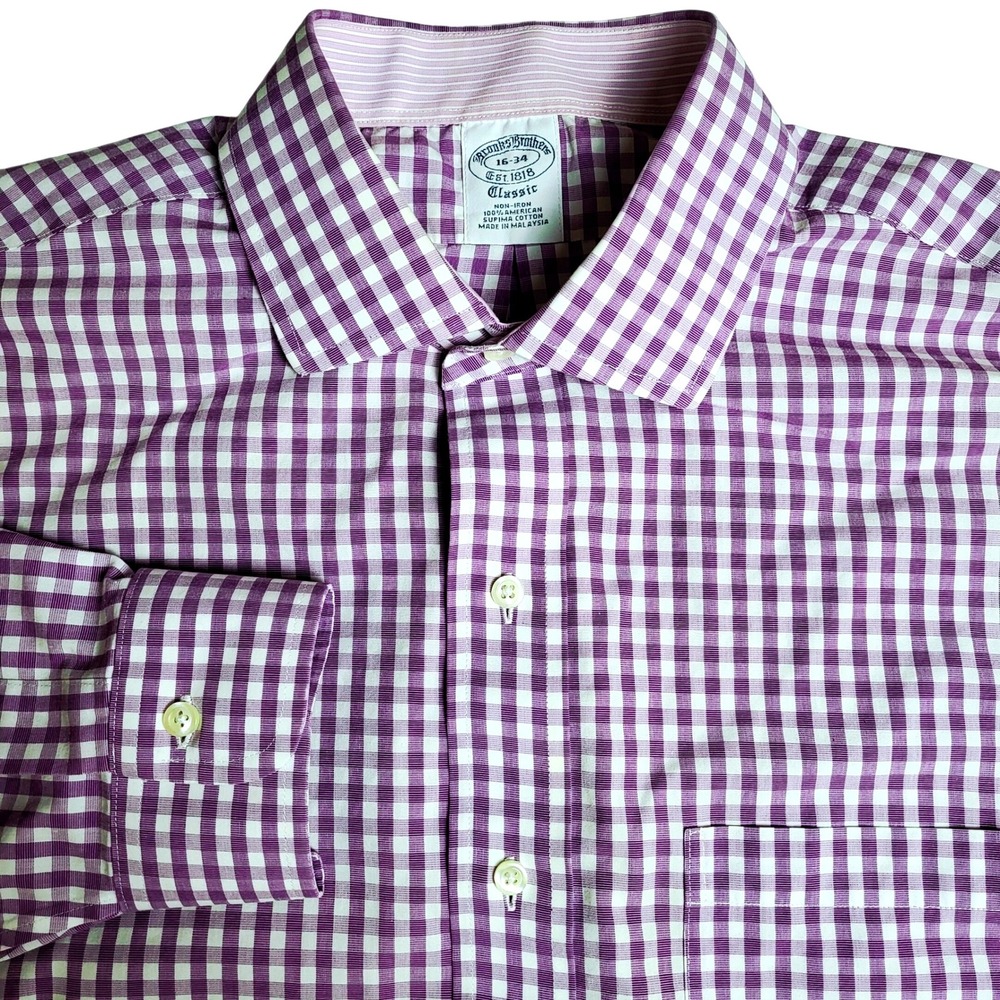Brooks Brothers‎ Men's 16 M/L Classic Fit Purple Gingham Button Down Dress Shirt